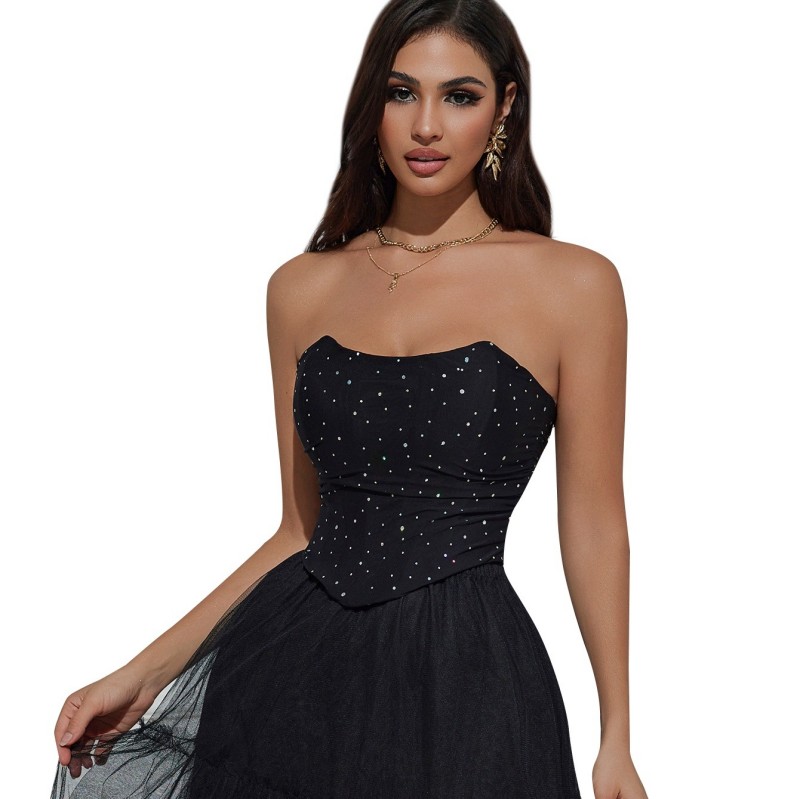 Women Black Overbust Corset Crop Tube Top Female  Bustier Top